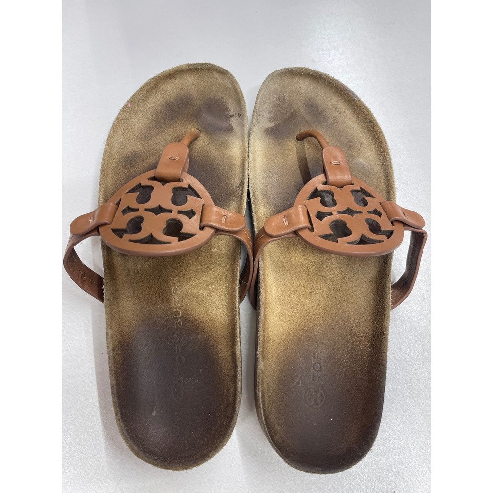 Tory Burch Miller Cloud Tan Leather Thong Sandals Logo Cork Slides Womens 8.5 - Picture 5 of 7